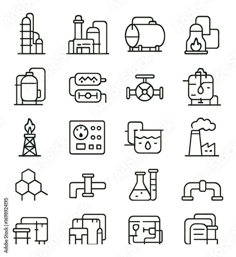 Industry and production linear icon set. featuring factories, tanks, oil rigs, piping, and laboratory equipment