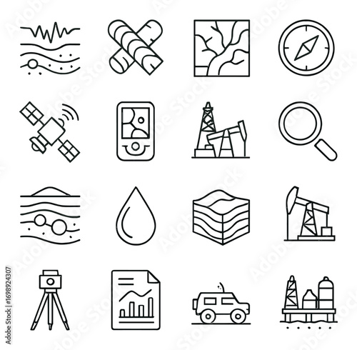 Geology linear icon set. featuring charts, structures, maps, compass, satellite, oil rig, and exploration tools