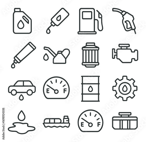 Fuel and automotive linear icon set. featuring gasoline, oil, pump, engine, and gauge symbols