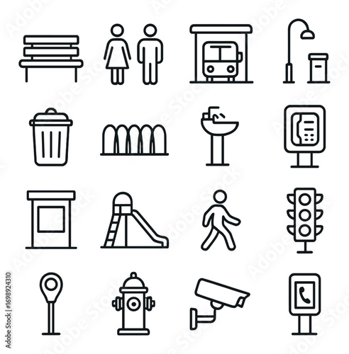 Public areas linear icon set. featuring park bench, restroom signs, bus stop, streetlamp, trash can, and more