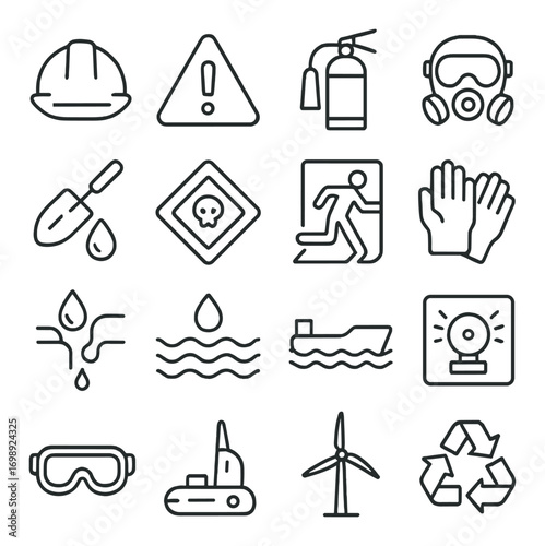 Safety linear icon set. featuring helmet, hazard, extinguisher, mask, gloves, leak, water, ship, alarm, goggles, and recycle symbols