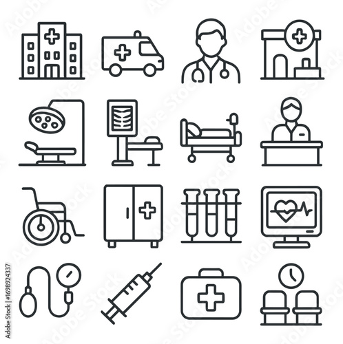 Healthcare linear icon set. featuring hospital, ambulance, doctor, clinic, surgery, x-ray, bed, receptionist symbols