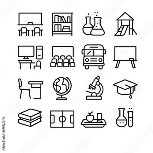 Education linear icon set. featuring classroom, library, chemistry, playground, bus, globe, and graduation symbols