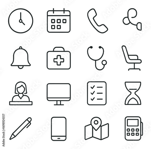Office essentials linear icon set. featuring clock, calendar, phone, stethoscope, desk, and computer