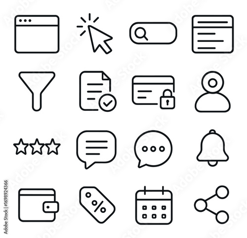 Business tools linear icon set. featuring browser, cursor, search, list, filter, document, card, user, and stars icons