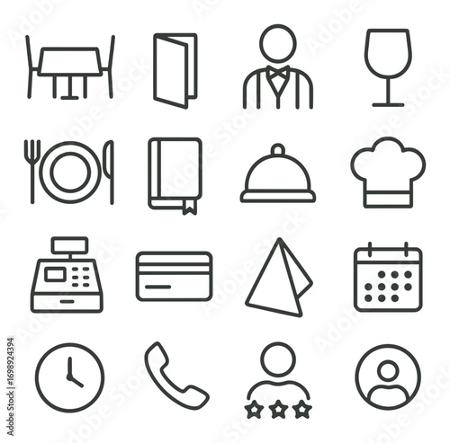 Restaurant and catering linear icon set. featuring table, menu, waiter, wine glass, plate, and chef hat symbols