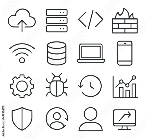 Technology linear icon set. featuring cloud, server, code, firewall, wifi, database, laptop, mobile, gear, bug, clock, chart, shield, user, monitor