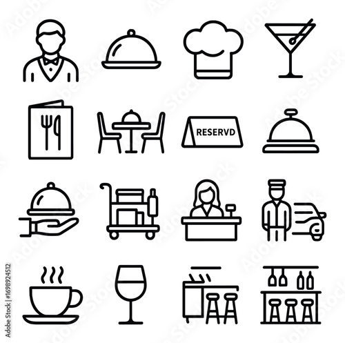 Restaurant and bar linear icon set. featuring waiter, dish, chef hat, cocktail, menu, table, reservation, and bell symbols