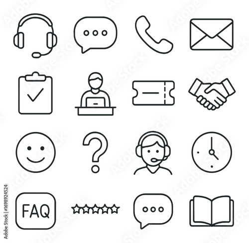 Customer service linear icon set. featuring headset, chat, phone, email, checklist, and more