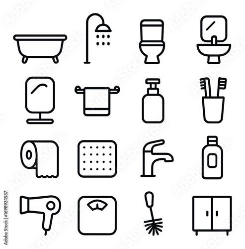 Bathroom essentials linear icon set. featuring shower, toilet, sink, mirror, towel, soap, toothbrush, paper, tap