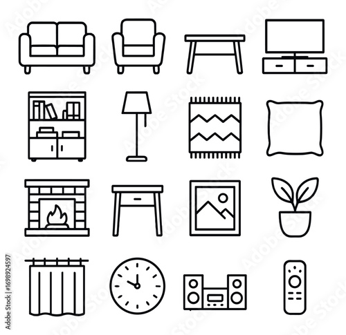 Living room linear icon set. featuring sofa, armchair, table, tv, bookshelf, lamp, rug, pillow, fireplace