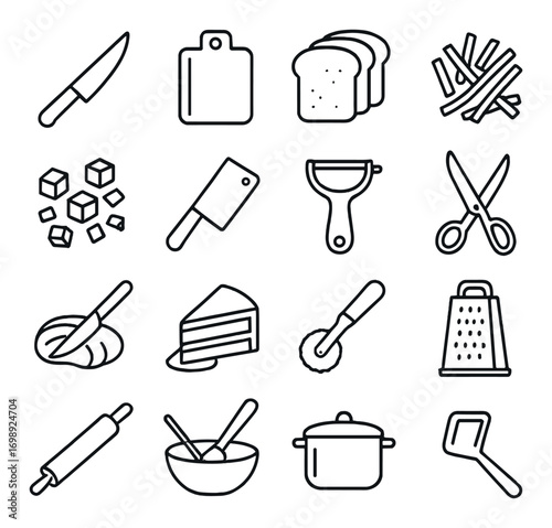 Kitchen utensils linear icon set. featuring knife, cutting board, bread, fries, cubes, cleaver, peeler, scissors