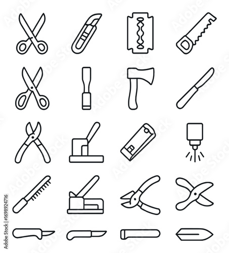 Carpentry and garden tools linear icon set. featuring scissors, razor, hand saw, axe, and utility knife symbols