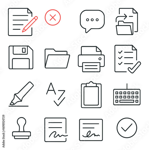 Office tools linear icon set. featuring clipboard, printer, folder, keyboard, and verification symbols