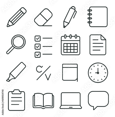 Office tools linear icon set. featuring pencil, eraser, pen, notebook, magnifier, checklist, calendar, document symbols