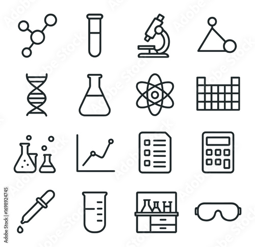Science and chemistry linear icon set. featuring molecules, test tube, microscope, graph, dna, and beaker symbols