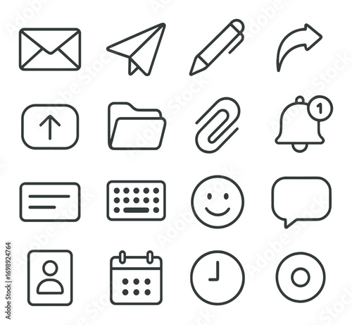 Communication and office linear icon set. featuring email, send, pen, reply, attachment, notification