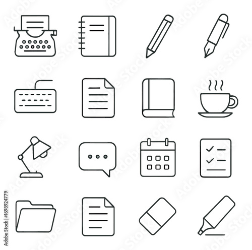 Office essentials linear icon set. featuring typewriter, notebook, pencil, fountain pen, keyboard, document, book, coffee