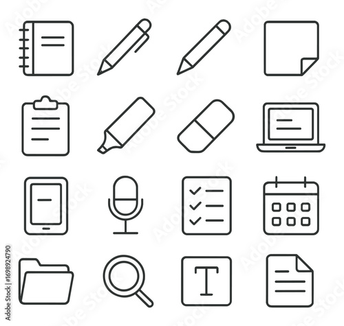 Office supplies linear icon set. featuring notebook, pen, clipboard, laptop, microphone, and calendar