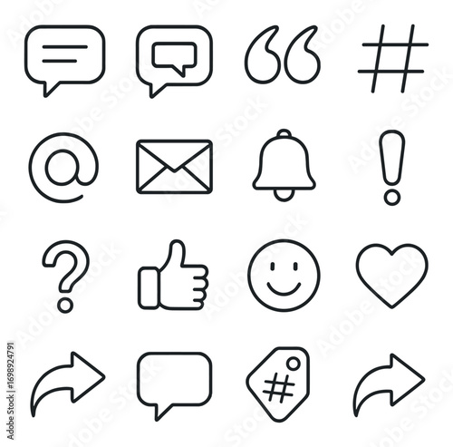Communication and social media linear icon set. featuring chat, hashtag, email, bell, exclamation, and like symbols