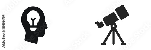 Creative concept showcasing the intersection of ideas and exploration through a lightbulb and telescope symbol