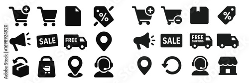 Various e-commerce symbols representing shopping activities, discounts, and customer service elements for online retail