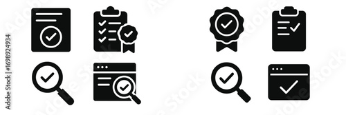 Collection of black icons representing check marks, verification, and quality assurance elements in a minimalist style
