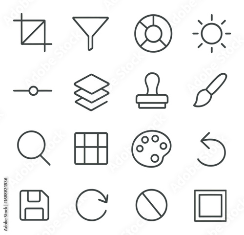 Design tools linear icon set. featuring crop, color filter, paintbrush, palette, and save symbols