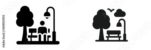 Silhouetted figures sitting on benches under trees in a park during daytime with clouds and birds above