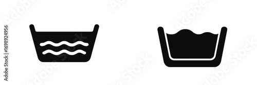 Simple and clear icons of a washing basin showing waves and a filled basin representing laundry activities