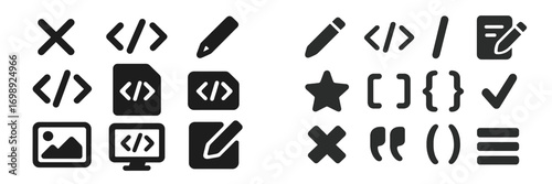 Icons for coding and development tools organized in a grid format displaying various programming symbols and design elements
