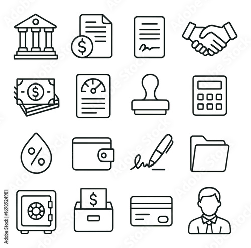 Finance and business linear icon set. featuring bank, contract, handshake, money, calculator, wallet, and card symbols