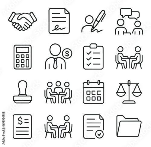 Business and consultation linear icon set. featuring handshake, contract, meeting, calculator, schedule, and more.