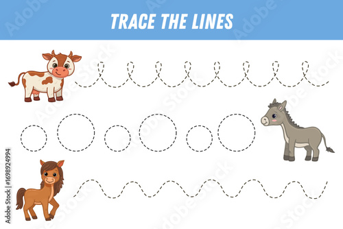 Tracing lines for kids. Cute cartoon animals: horse, cow, donkey. Handwriting practice. Educational game for preschool kids. Activity page. Vector illustration.
