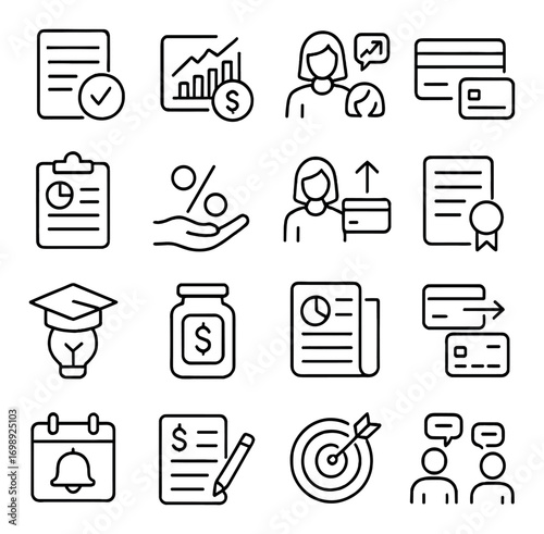Business and finance linear icon set. featuring document, graph, user, credit card, report, and calendar symbols