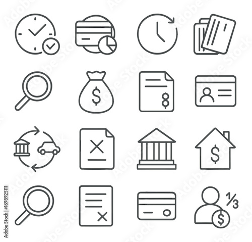 Finance linear icon set. featuring clock, credit card, cycle, id, search, bank, and dollar symbols