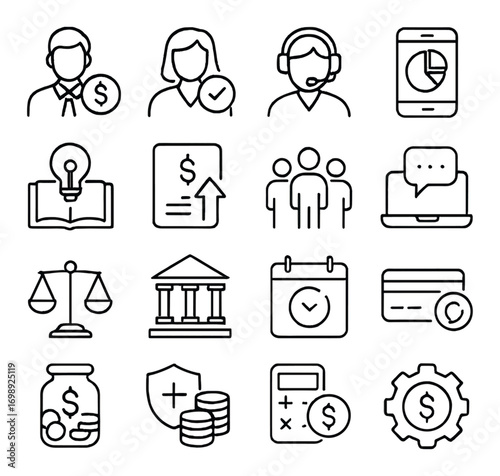 Business and finance linear icons set. featuring people, money, graphs, support, calendar, and gear symbols