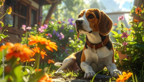 A beagle dog rests amongst vibrant flowers in a sunny garden setting, bathed in natural light.