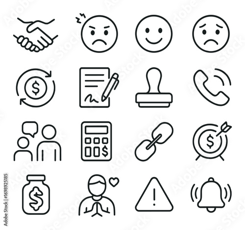 Business and communication linear icon set. featuring handshake, expression, contract, phone, teamwork, calculator, link, and finance symbols