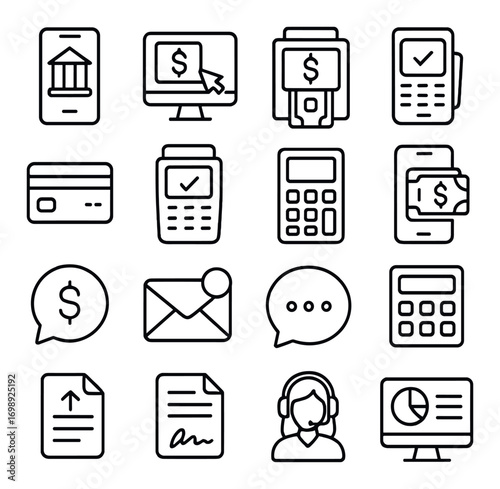 Financial services linear icon set. featuring bank, credit card, atm, calculator, payment, analysis symbols
