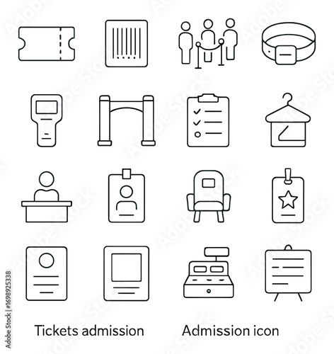 Admission and ticketing linear icon set. featuring tickets, barcode, queue, turnstile, and id badge symbols