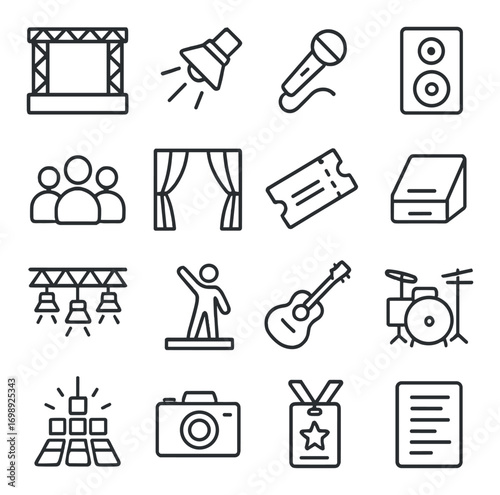 Music event linear icons set. featuring stage, spotlight, microphone, speaker, audience, curtain, ticket, and badge