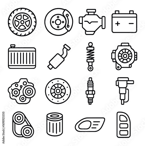 Automotive parts linear icon set. featuring tire, brake, engine, battery, radiator, exhaust, shock absorber, and more