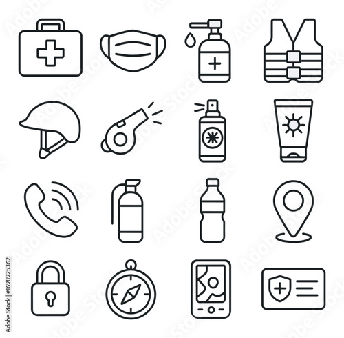 Safety and emergency linear icon set. featuring first aid kit, face mask, sanitizer, life vest, helmet, whistle, spray, sunscreen, phone, extinguisher, water, map, location, lock, compass, id.