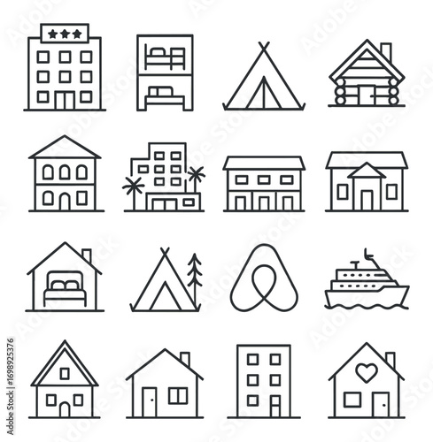 Accommodation linear icon set. featuring hotel, hostel, tent, cabin, villa, apartment, house, cruise symbols