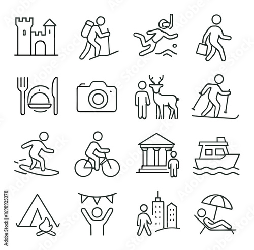 Outdoor activities linear icon set. featuring castle, hiking, snorkeling, dining, camera, wildlife, skiing, and more symbols