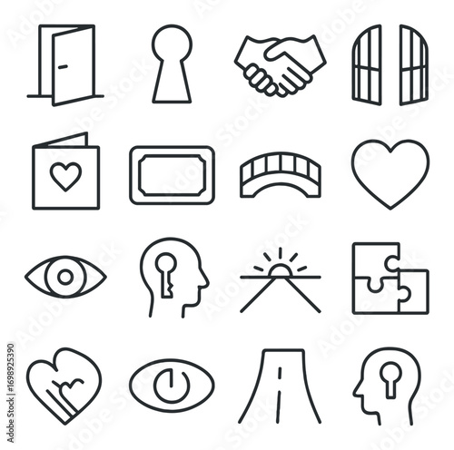 Security and relationships linear icon set. featuring door, keyhole, handshake, gate, and heart symbols