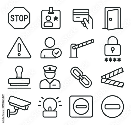 Security and access linear icon set. featuring stop sign, badge, card, door, warning, and checkpoint symbols