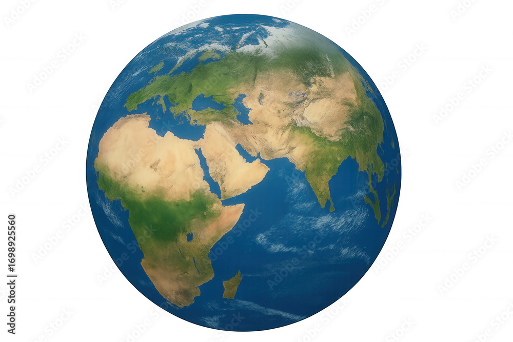 Naklejka premium Photorealistic 3d rendering of planet earth rotating, featuring europe, asia, and africa, with transparent background for easy compositing