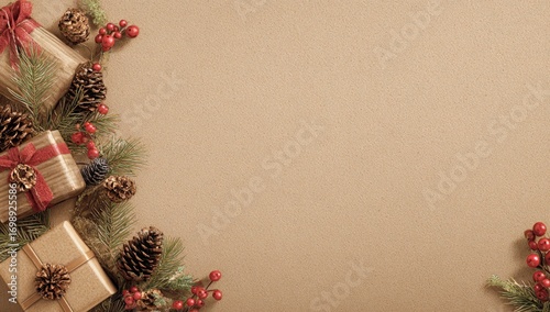 Festive Christmas gifts and decorations arranged on a tan background